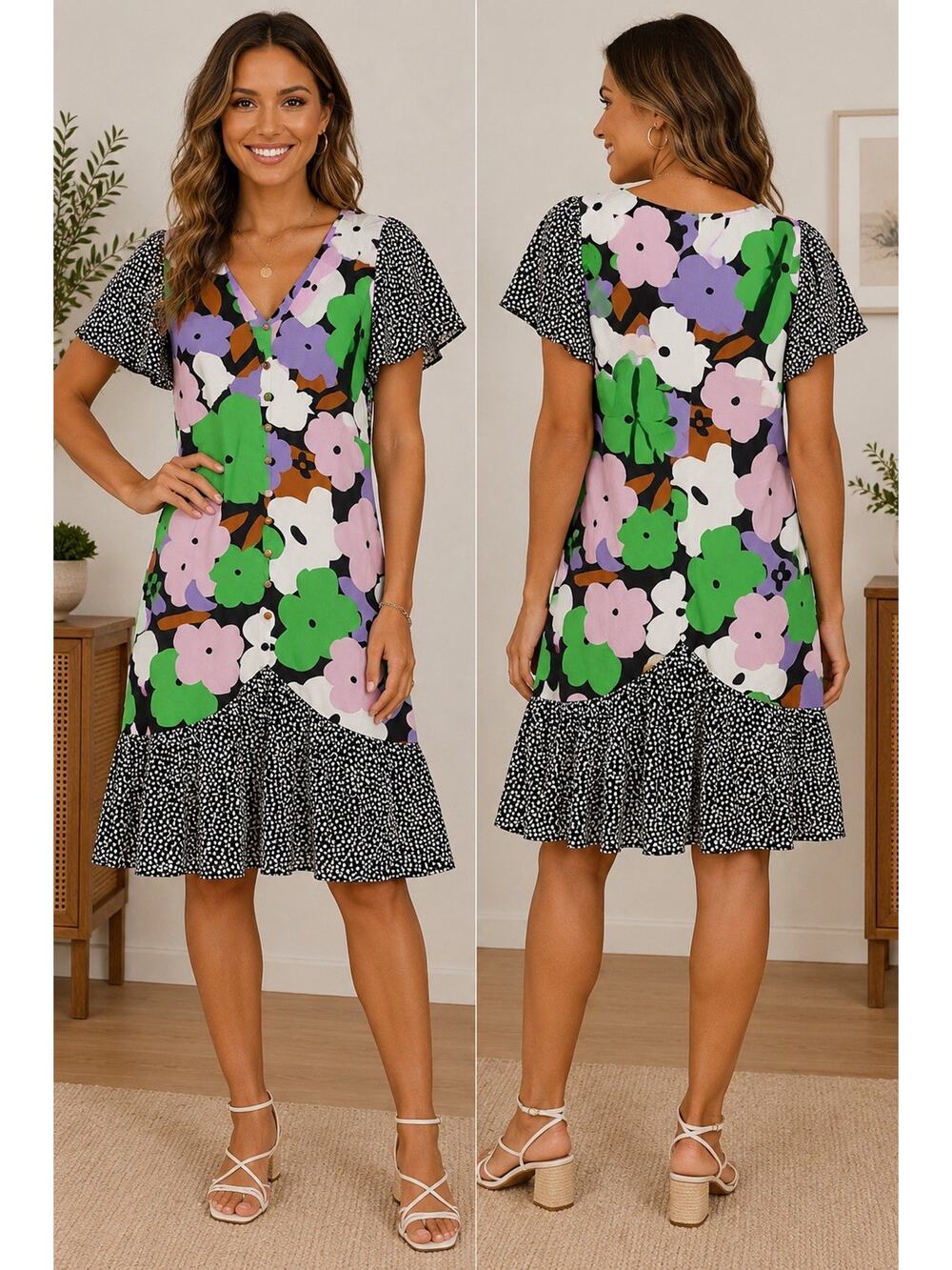 Topshop Petite Floral Midi Dress UK 14 US 10 Retro Mod Button Front Ruffle